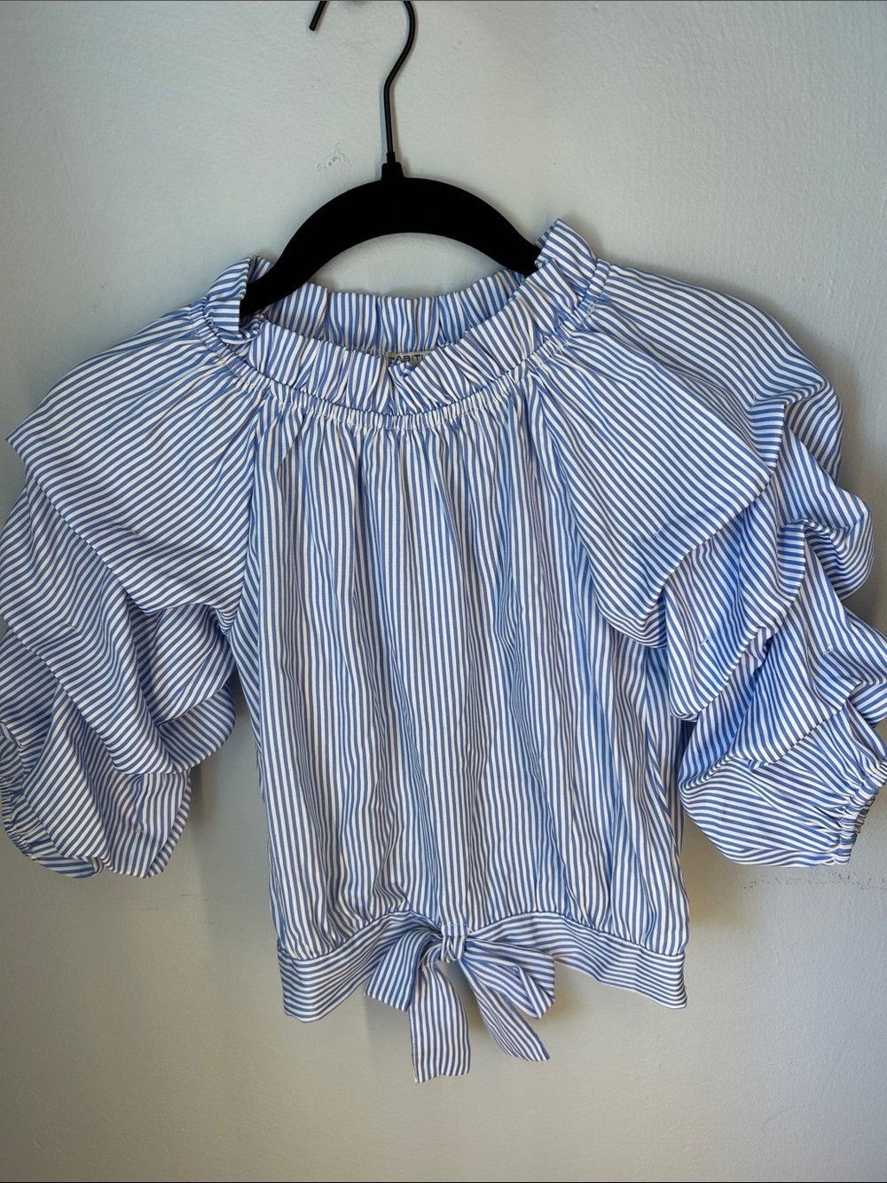 Habitual Blue and White Striped Ruffle Sleeve Tie-Front Blouse